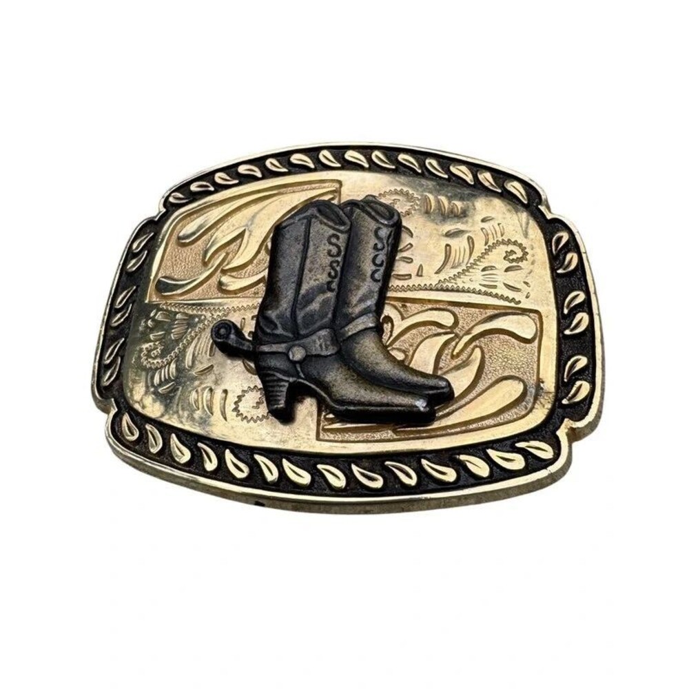 Western Cowgirl Cowboy Belt Buckle Boots Spurs Engraved Scrollwork Rodeo Ranch